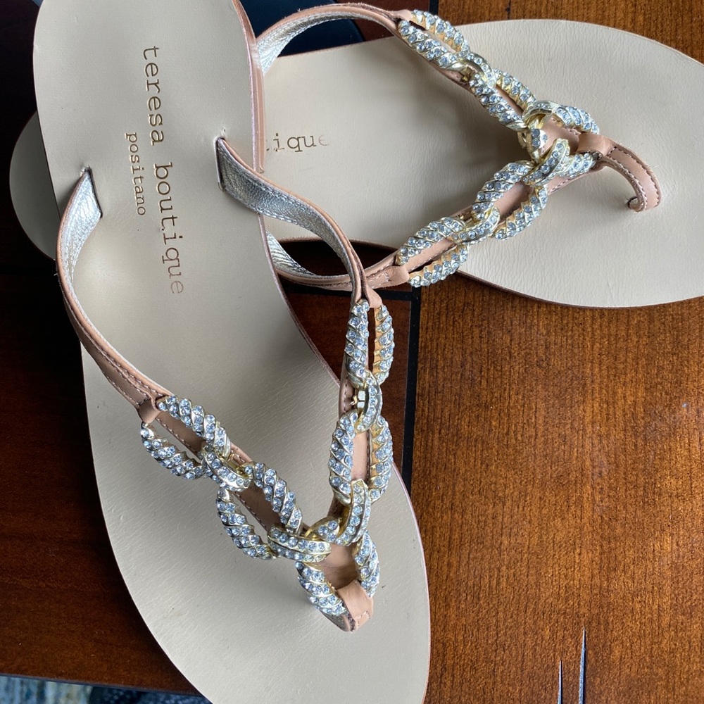 Gold, rhinestone and leather sandals